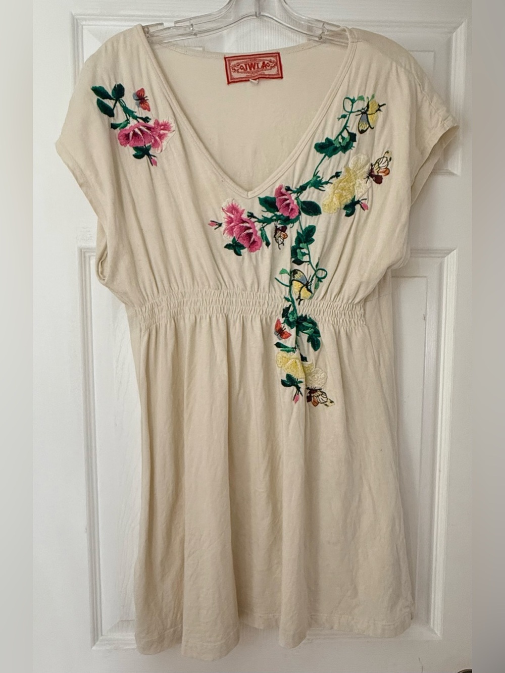 Johnny Was Cotton Tunic Tshirt Size XL White w/ Embroidered Flowers & Butterfly